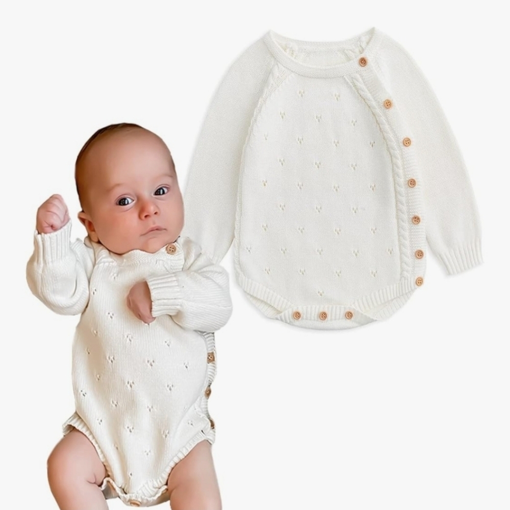 Simplee Kids White Knit Baby Romper w/ Button Details Boys Or Girls 6-12 Months